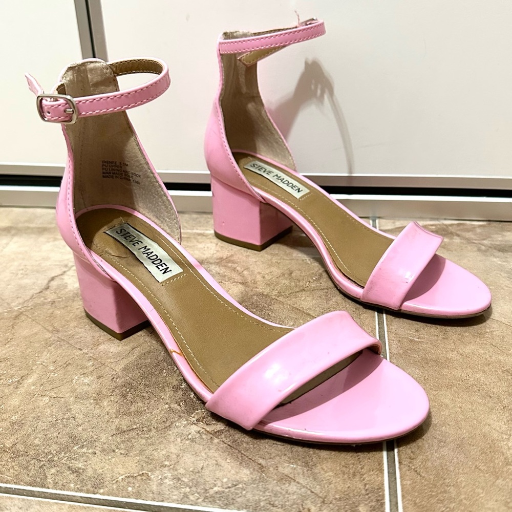 Steve Madden bubblegum pink low rise ankle strap block heels